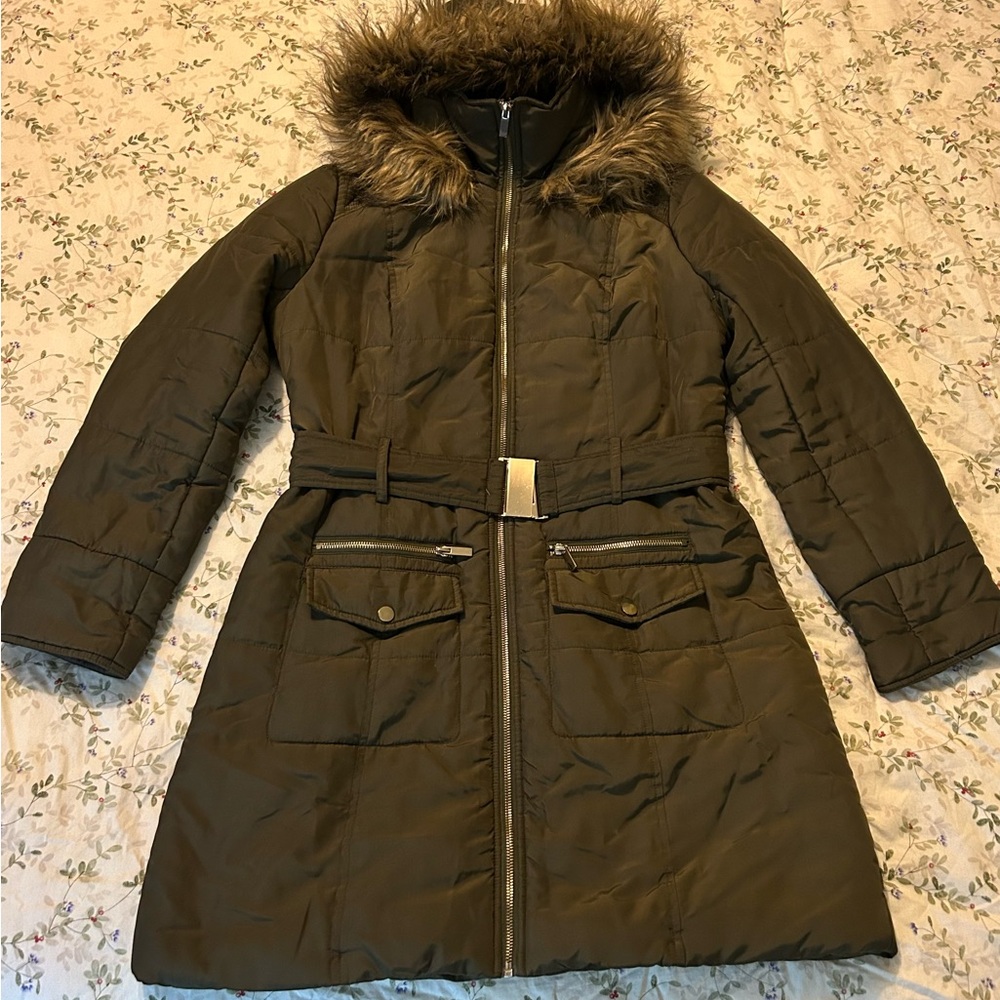 New York & Company Olive Green Belted Coat with Faux Fur Hood